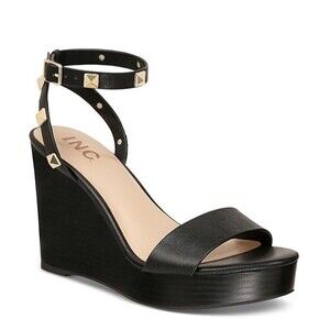INC Womens 11 M Black Maverick Faux Leather Studded Wedge Sandals DISPLAY KY0
